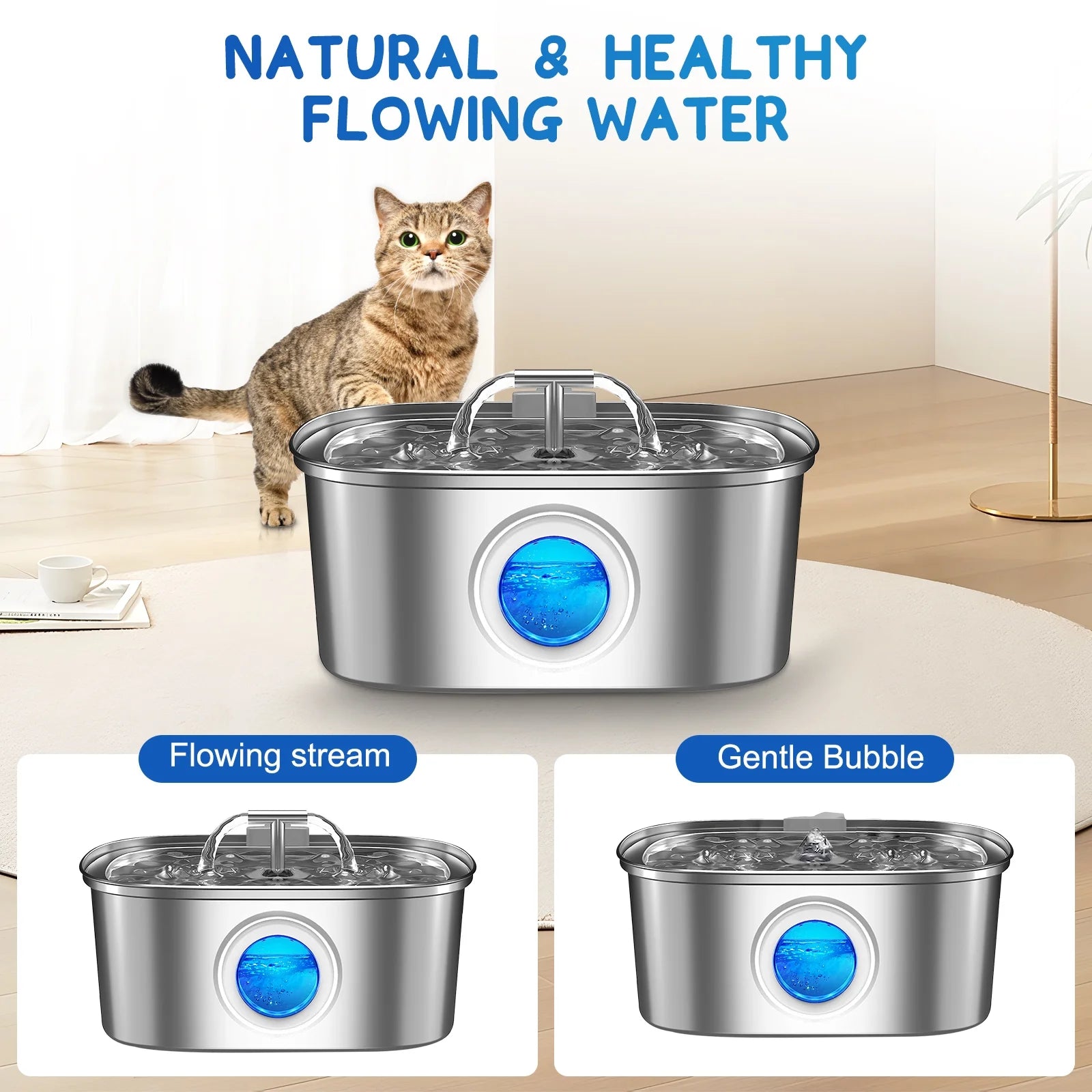 Cat Water Fountain Stainless Steel,  108Oz/3.2L Pet Fountain with Water Level Window,Automatic Water Dispenser for Cats and Dogs, Electric Drinking Bowl Suitable for Multiple Pets, Silver