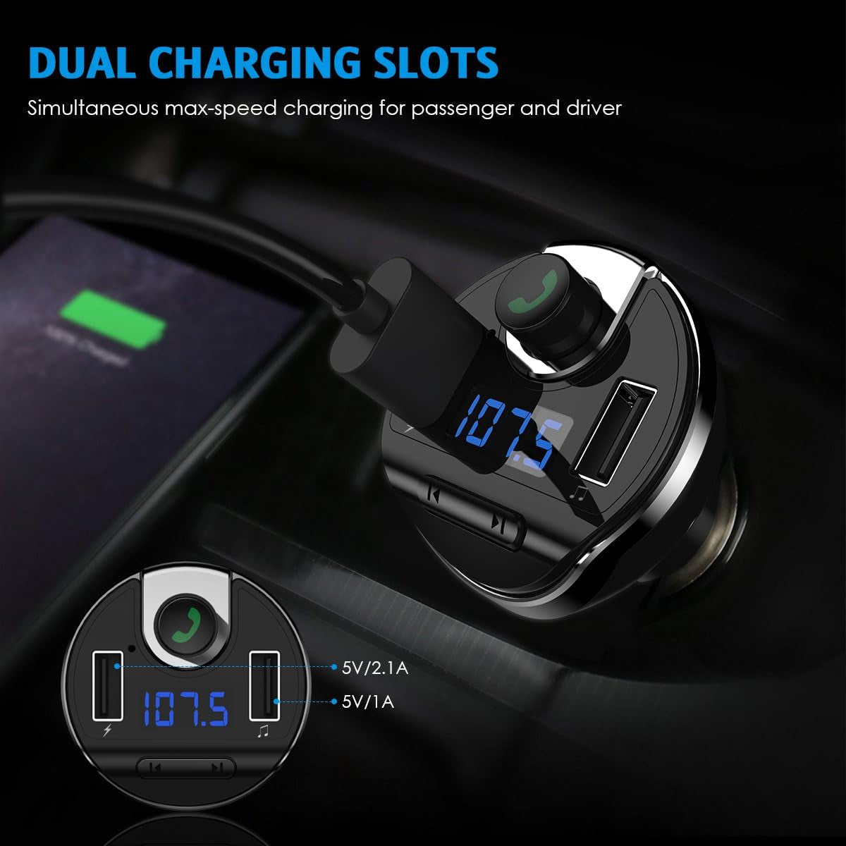 Aux Bluetooth Adapter for Car, Handsfree Call Dual Ports Charger, FM Radio Transmitter Receiver, Mp3 Audio Wireless Music Player HI-FI Stereo Sound Compatible for All Cars and Smartphone