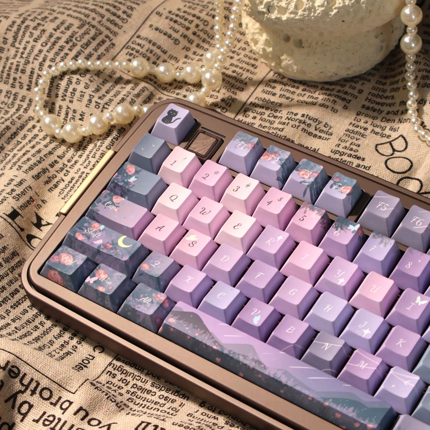 Midsummer Night Keycap Cherry MOA Profile PBT Thermal Sublimation Dreamy Purple Keycaps Aesthetic Butterfly Flower Keyboard Caps