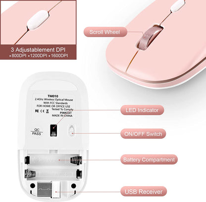 Wireless Flat Mouse, 2.4G Optical Mouse for Laptop, PC, Chromebook, Notebook, Especially Designed for Computer Bags (Pink)