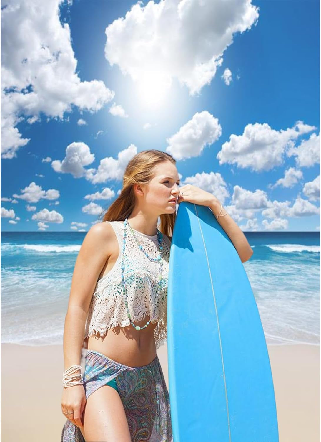 5X7Ft Seaside Beach Backdrop Blue Pure Sea Water Backdrops Blue Sky White Cloud Seaside Wedding Tropical Siesta Back Ddrop Holiday Festival Photo Shooting Props Booth Props