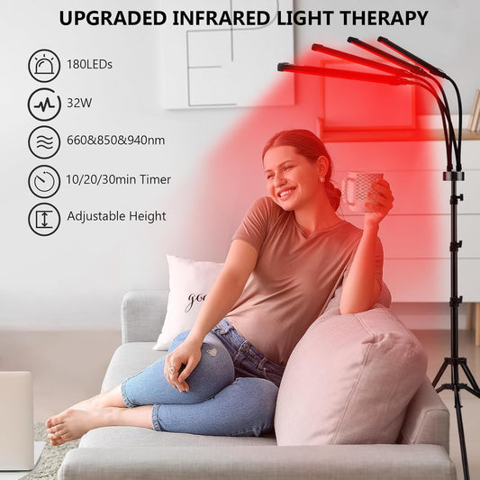 Red Light Therapy, 660Nm & 850Nm & 940Nm Infrared Light Therapy with Stand, Height Adjustable & Angle Adjustable & Timer, 32W 180Leds Infrared Light Therapy for Body (Black