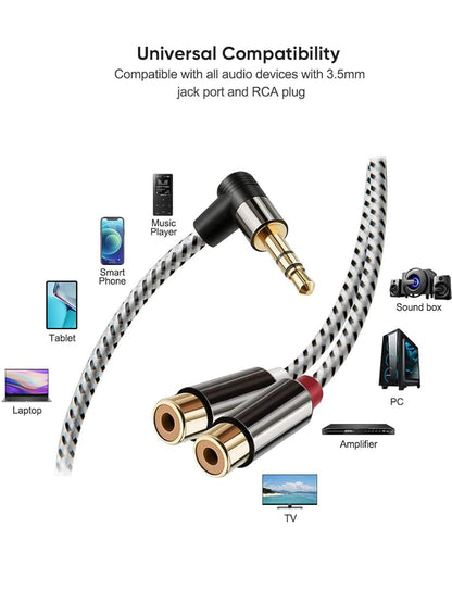 3.5Mm to 2RCA Female Cable, Angle 3.5Mm Mini-Jack to RCA Stereo Audio Y Cable Gold Plated, Compatible with Iphone,Ipod,Mp3,Tablets,Hifi Stereo System, Speaker,3Ft/0.92M