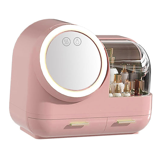 Mirror Fan Makeup Case, Portable Makeup Organizer with Mirror and LED Light, Cosmetic Storage Display Case,Large Capacity Mirror Makeup Storage Box for Women ()