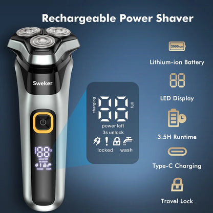 Electric Razor for Men, Rechargeable Electric Shaver with Pop-Up Trimmer for Sideburns Trimmer, Wet Dry Cordless Electric Shaver, Travel Lock, IPX6 Waterproof