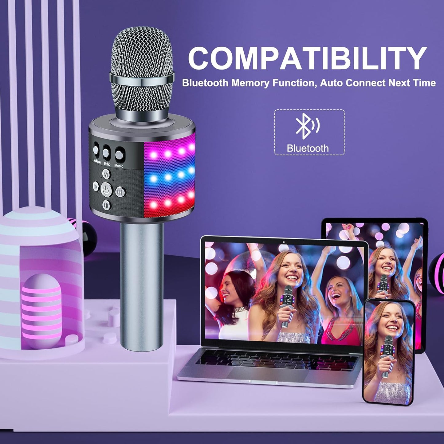 Karaoke Microphone for Kids & Adults - Bluetooth Microphones Singing Mic with Disco Lights, Echo Effect, Built-In Speaker Portable Karaoke Player for Party Travel Gifts Q78(Space Gary)