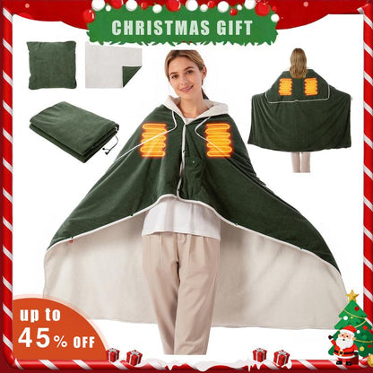 4 in 1 Portable USB Heated Blanket Pillow Shawl (No Power Bank) and Pad, 3 Heat Settings, Fast Warming for Home Office Car Travel with Built-In Heater