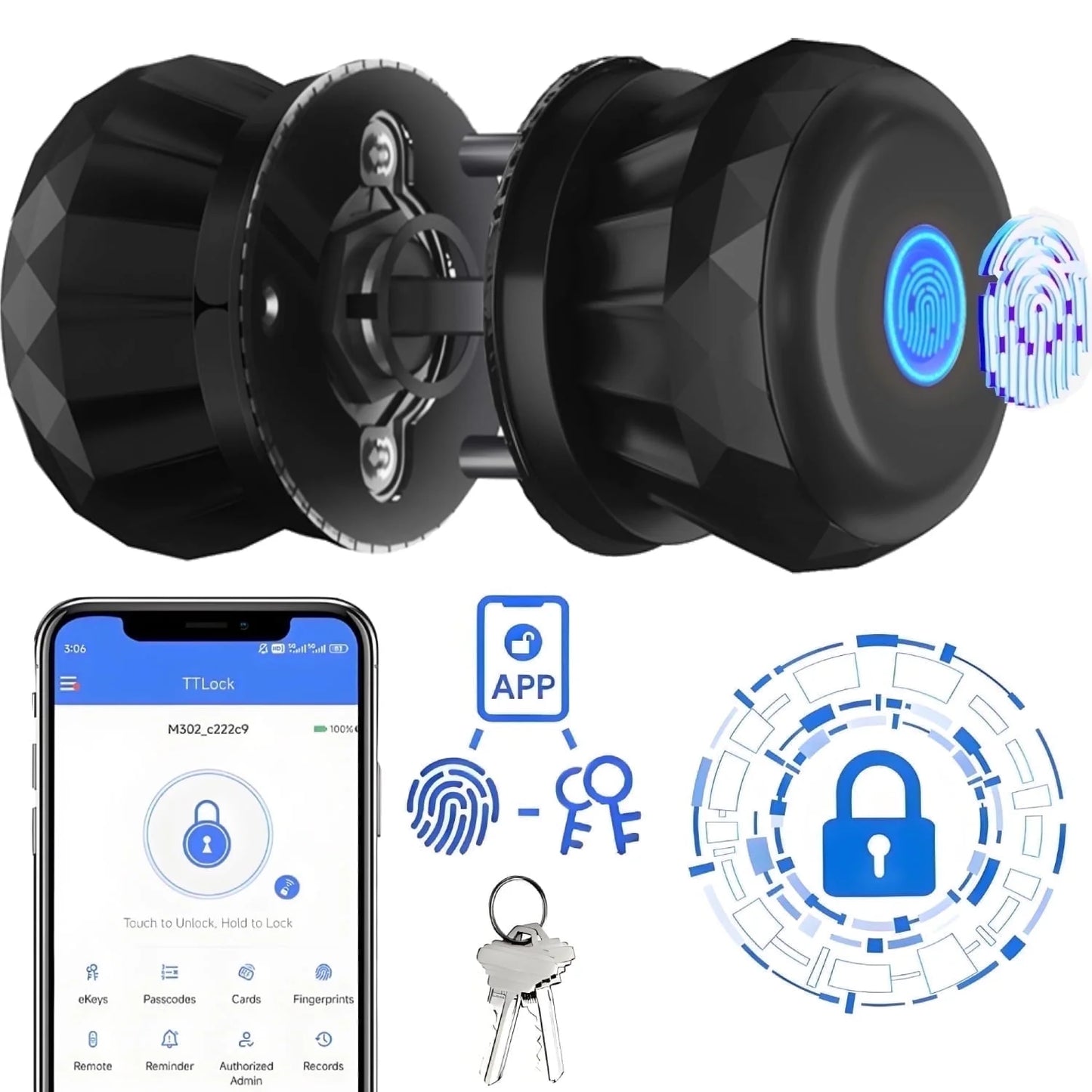 Smart Door Knob, Keyless Smart Door Lock Smart Deadbolt with App Control & Fingerprint & 2 Keys,Electronic Door Lock for Home, Apartment, Office,Black