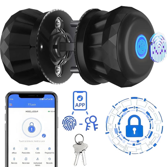 Smart Door Knob, Keyless Smart Door Lock Smart Deadbolt with App Control & Fingerprint & 2 Keys,Electronic Door Lock for Home, Apartment, Office,Black