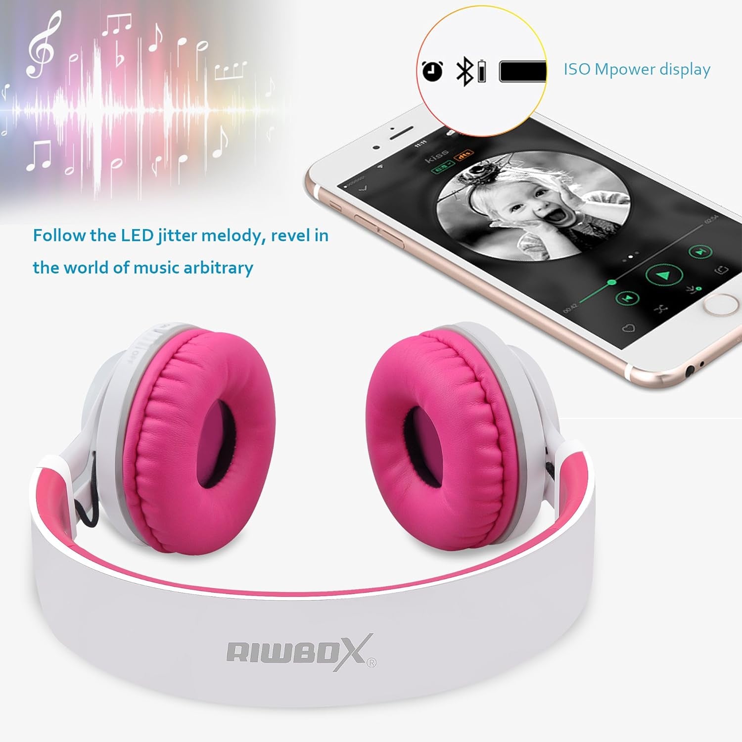 WT-7S Bluetooth Headphones Light Up, Foldable Stero Wireless Headset with Microphone and Volume Control for Pc/Tablet/Tv/Travel (Pink)