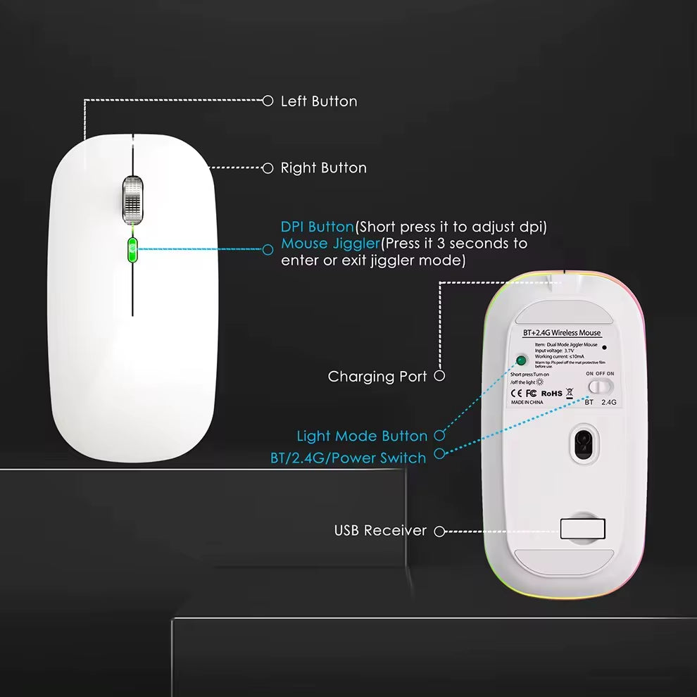 2.4G+Bluetooth Wireless Mouse Backlight Jiggler Mouse Rechargeable Silent Ergonomic Mice for Ipad Laptop Computer