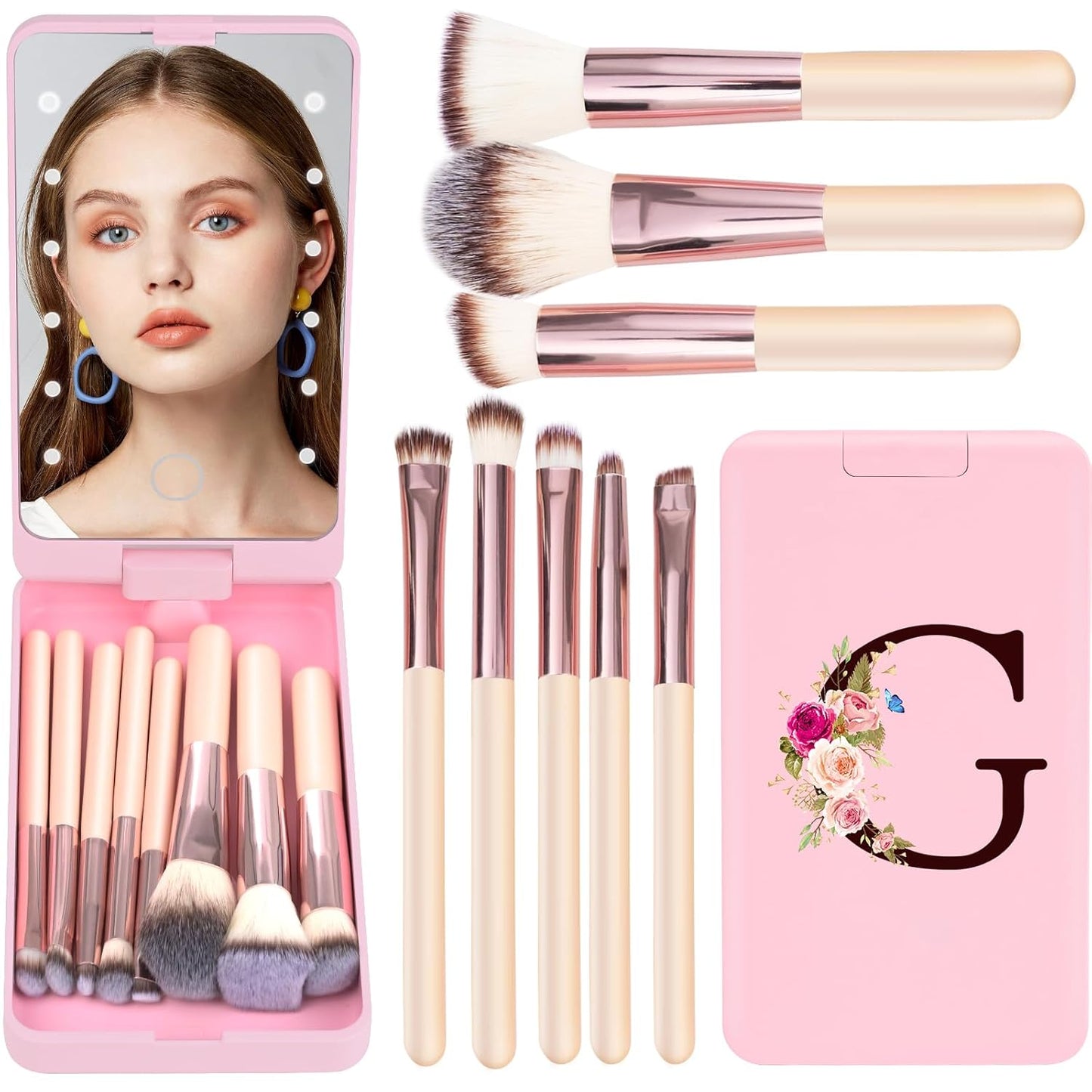Mini 8-Piece Travel Makeup Brush Set with LED Light Mirror, Personalized Monogrammed Brush for Teen Girls, Stylish and Compact Travel Essentials(Pink-G) ﻿