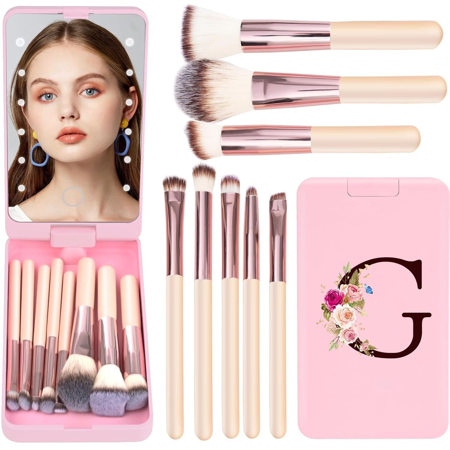 Mini 8-Piece Travel Makeup Brush Set with LED Light Mirror, Personalized Monogrammed Brush for Teen Girls, Stylish and Compact Travel Essentials(Pink-G) ﻿