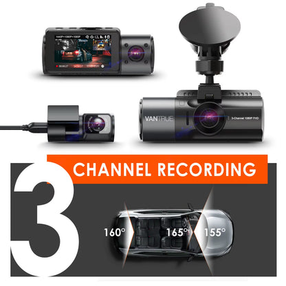 N4 3 Channel 4K Dashcam 4K+1080P Front and Rear Dash Camera IR Night Vision 24 Hours Parking Mode Support 256GB Max