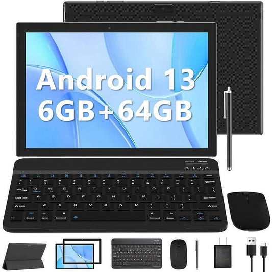 YQ10SGOLD 10.1 Inch 2 in 1 6GB RAM+64GB ROM Android 13 Tablet with Keyboard Case, Black