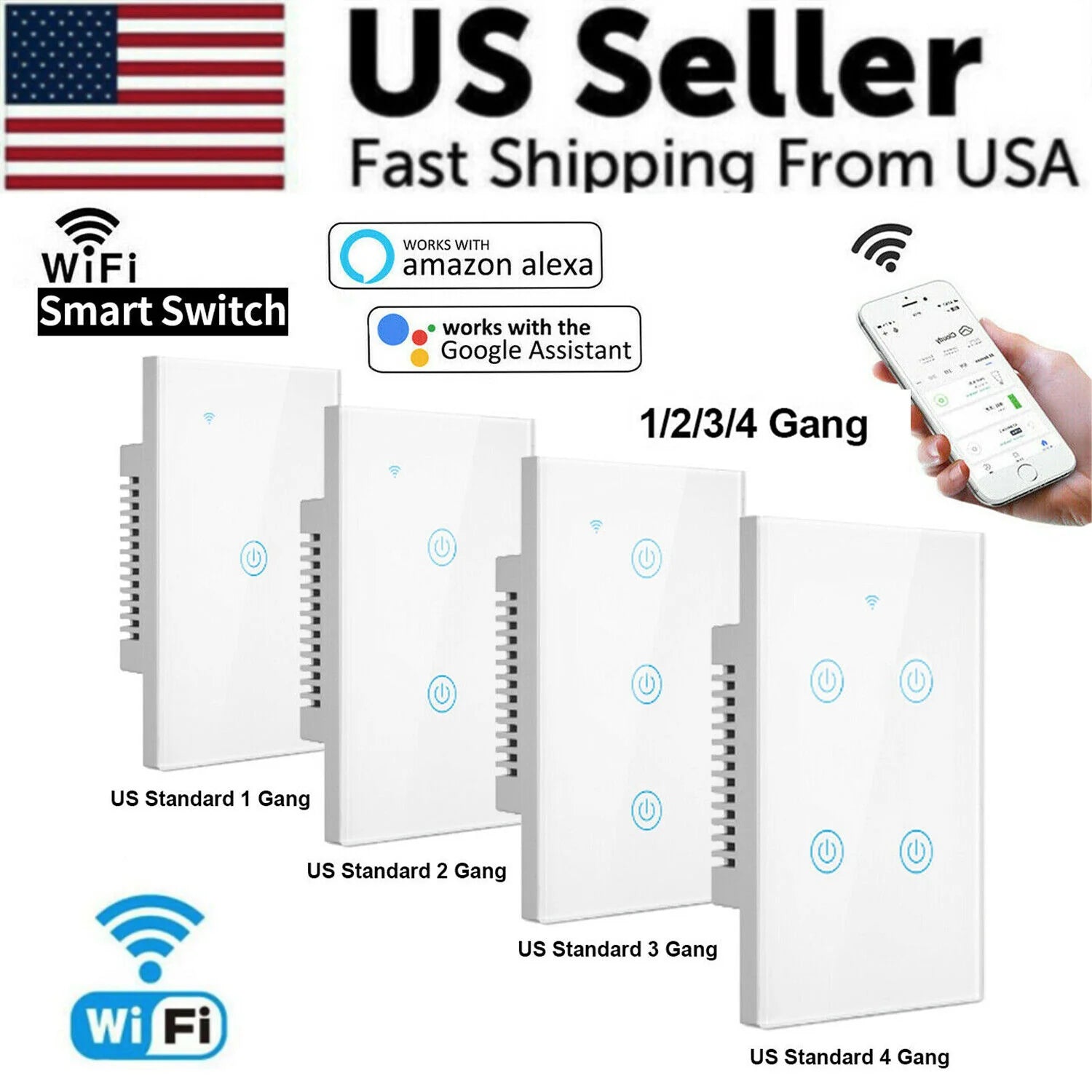 1/2/3/4 Gang Smart Touch Light Switch: WiFi, Alexa/Google Compatible, Glass Panel