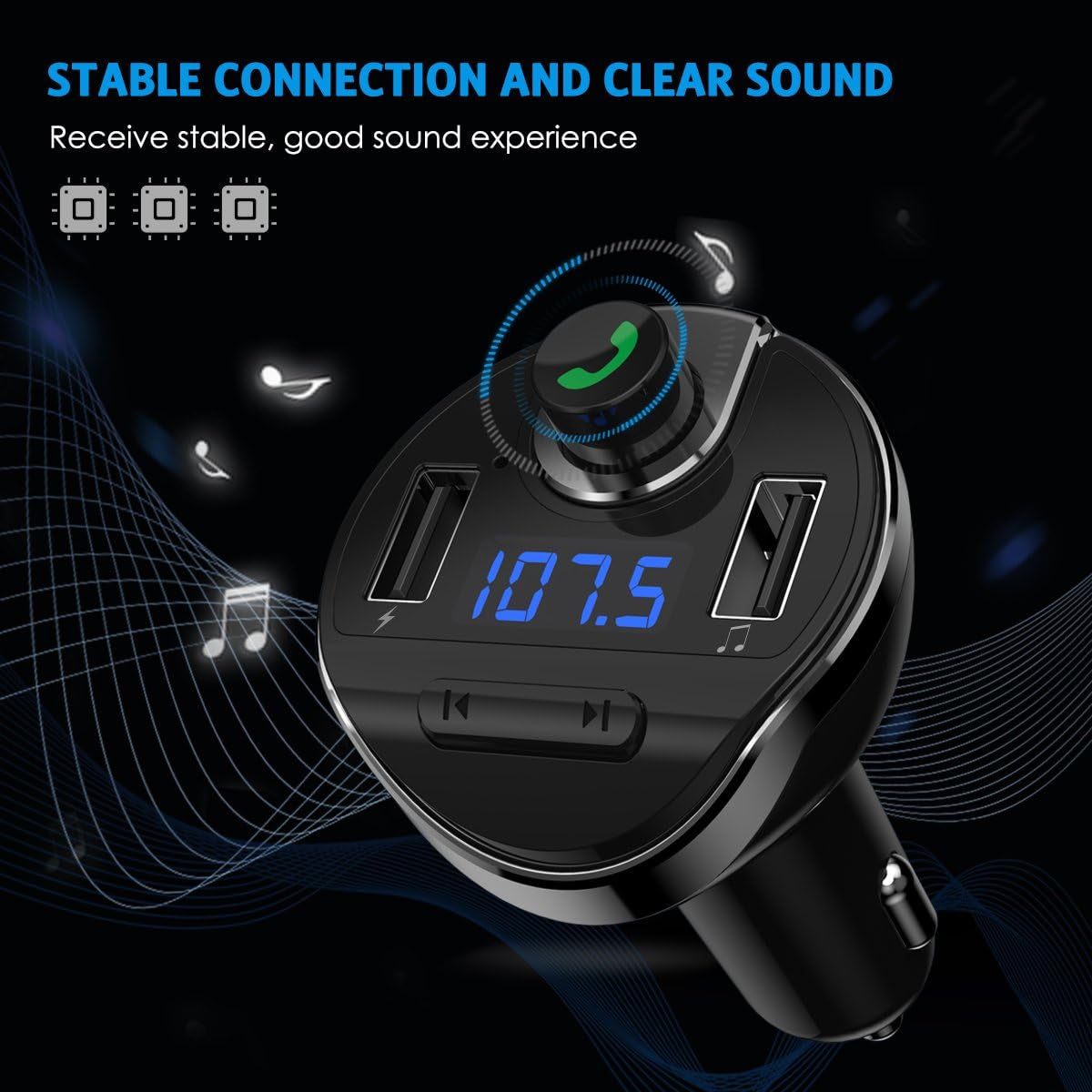 Aux Bluetooth Adapter for Car, Handsfree Call Dual Ports Charger, FM Radio Transmitter Receiver, Mp3 Audio Wireless Music Player HI-FI Stereo Sound Compatible for All Cars and Smartphone