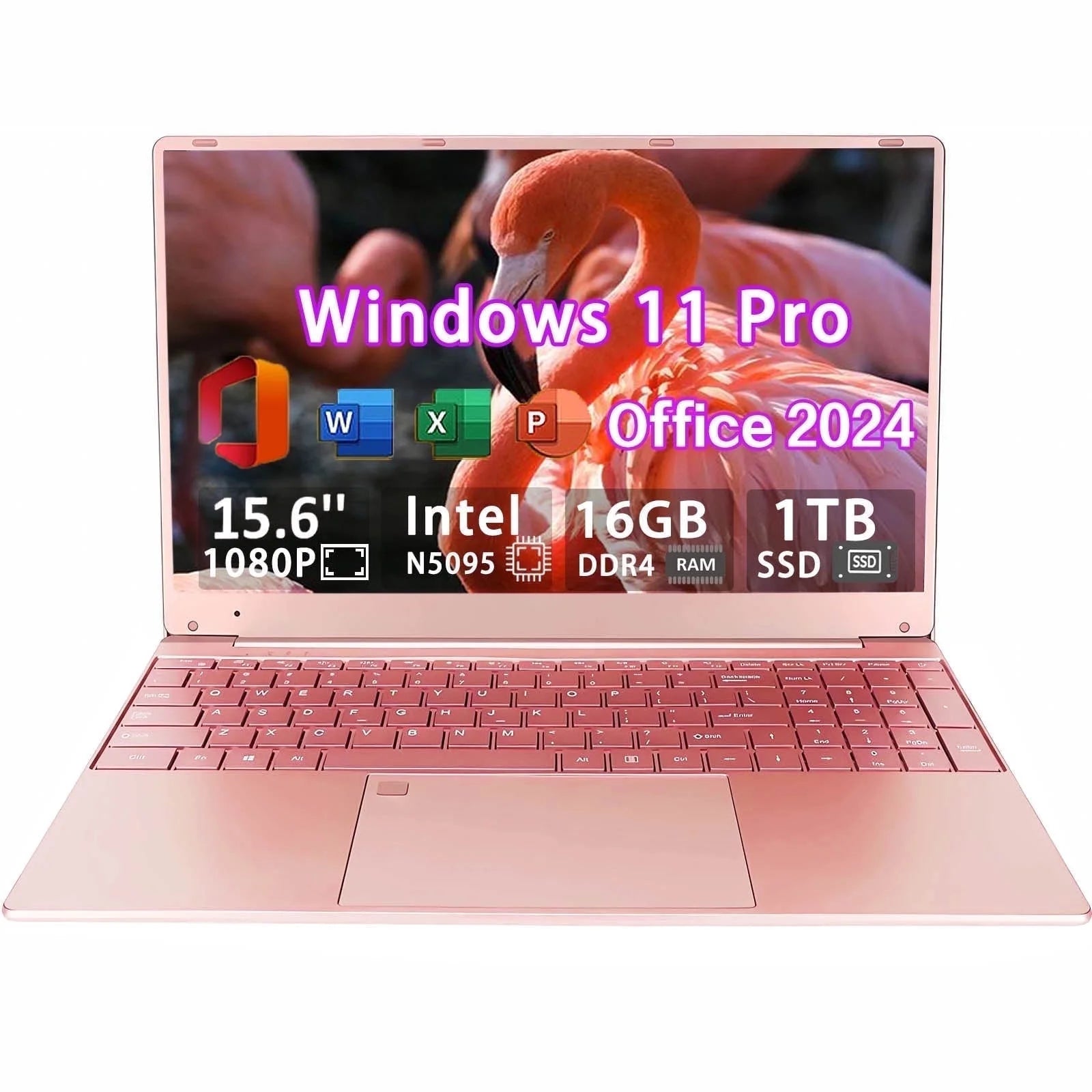 15.6" Pink Laptop Windows 11 Pro Office 2024 Intel Celeron ADL-N5095, 16GB RAM, 1TB SSD, Ultra-Thin and Lightweight Student Notebook PC Computer for Work, Backlit Keyboard, Wifi 5, BT 5.0