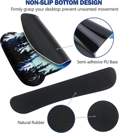 Ergonomic Keyboard Wrist Rest and Mouse Pad with Wrist Support Set, Memory Foam Non-Slip Rubber Base, for Gaming, Working, Home, Office, Easy Typing, Pain Relief, Forest Moon Sky