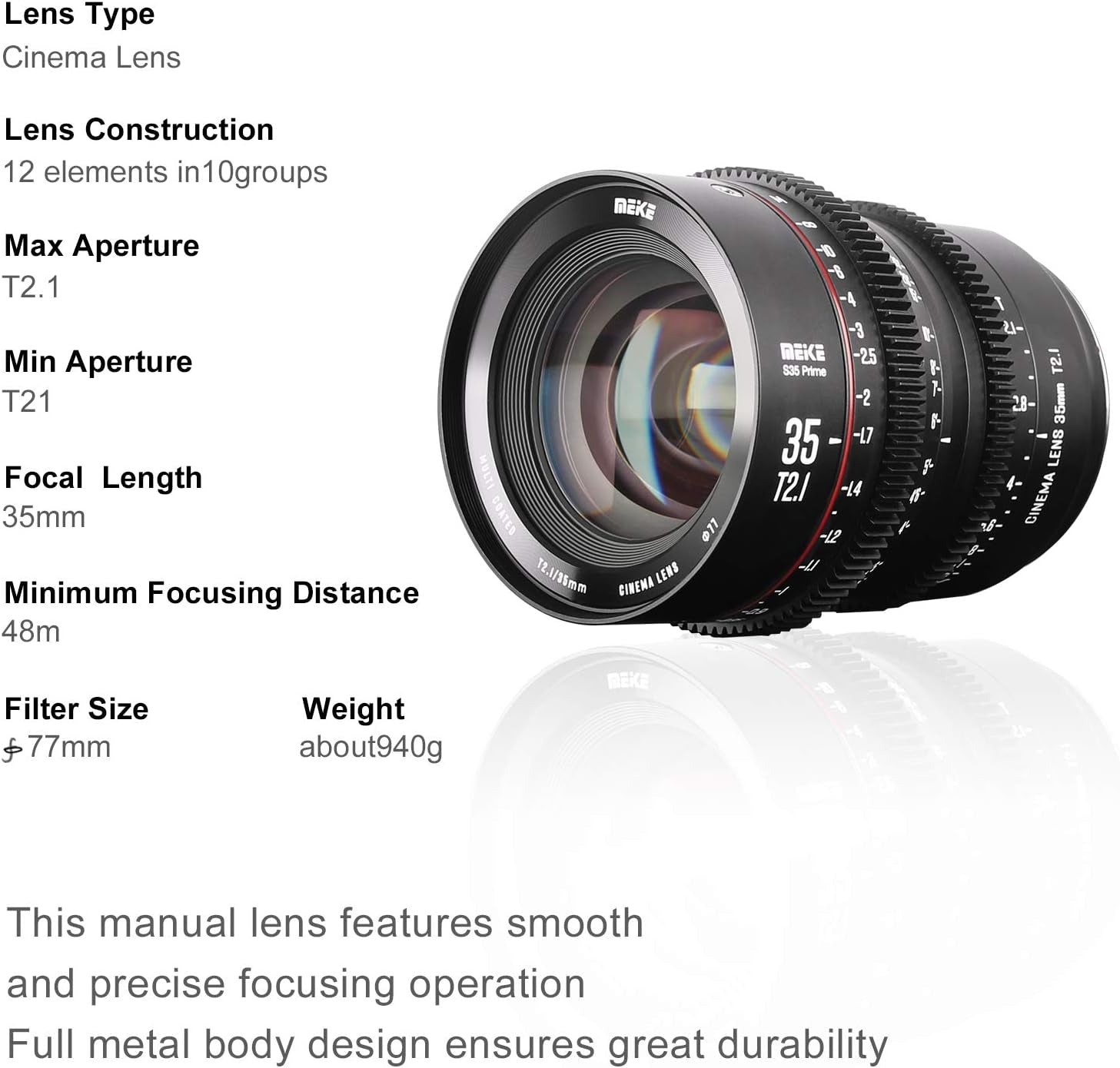 35Mm T2.1 S35 Manual Focus Wide Angle Prime Cinema Lens for Canon EF Mount and EOS C100, C200, C300 Mark III, Zcam E2-S6 6K