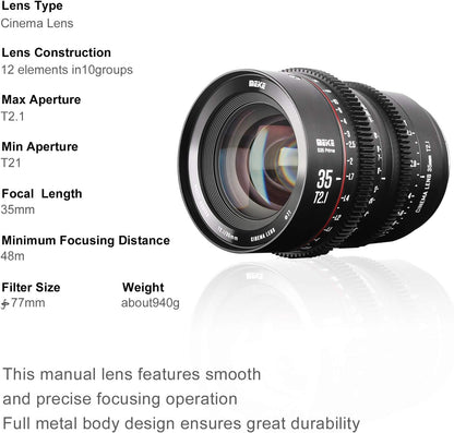 35Mm T2.1 S35 Manual Focus Wide Angle Prime Cinema Lens for Canon EF Mount and EOS C100, C200, C300 Mark III, Zcam E2-S6 6K