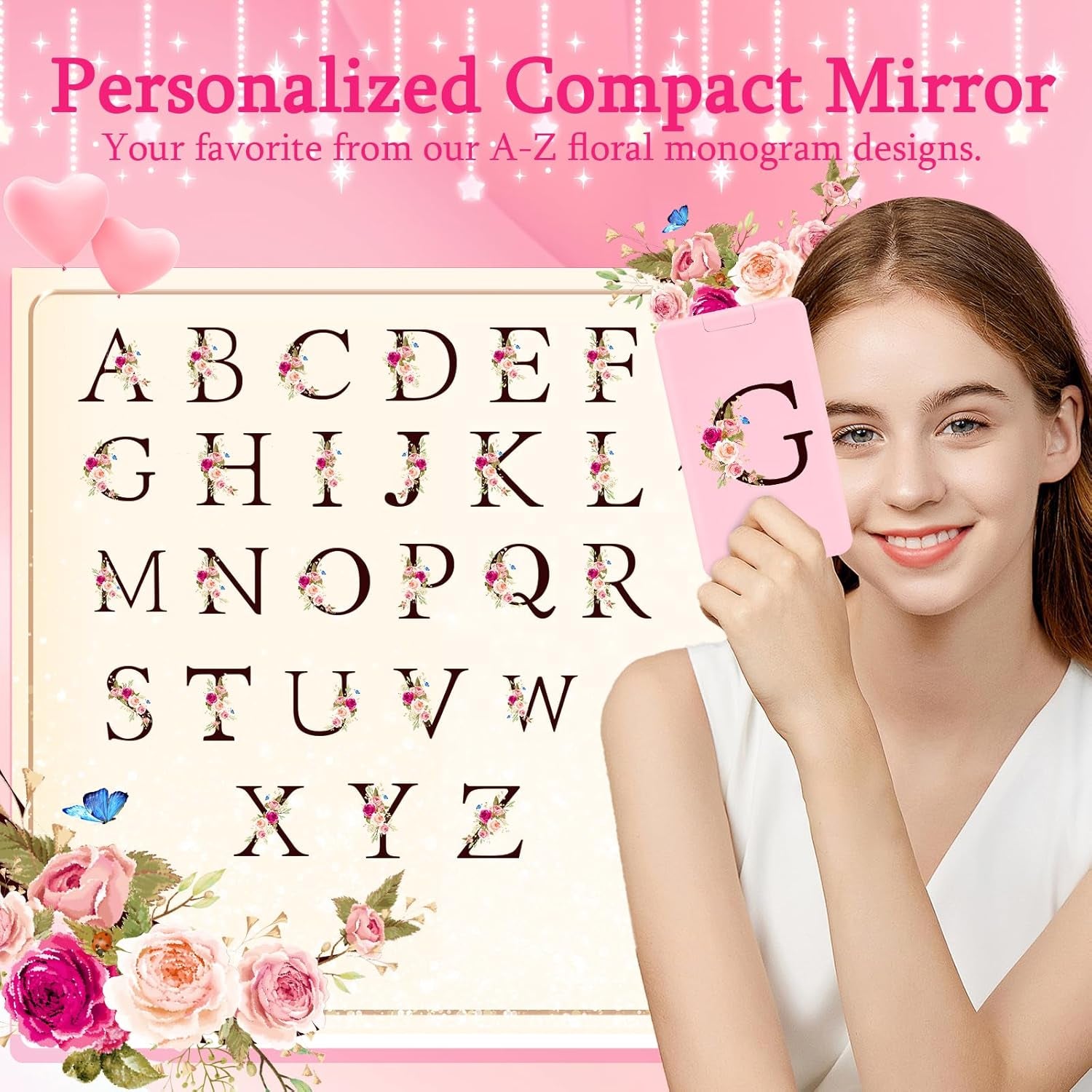 Mini 8-Piece Travel Makeup Brush Set with LED Light Mirror, Personalized Monogrammed Brush for Teen Girls, Stylish and Compact Travel Essentials(Pink-G) ﻿