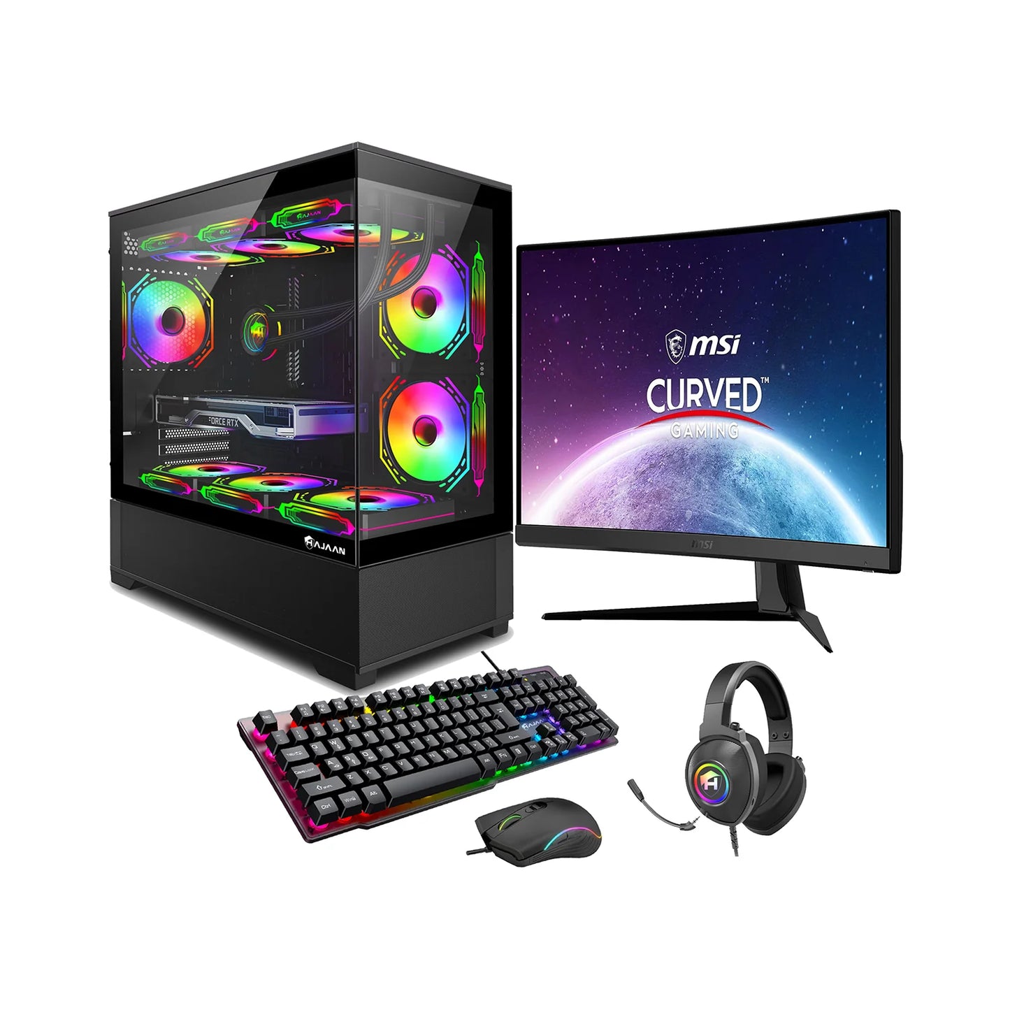 HAJAAN Superx Liquid Cooled Gaming PC Tower Desktop - MSI 27-Inch Curved Gaming Monitor Combo - 32GB DDR4 RAM - 1TB Nvme SSD - Wifi 6 - Bluetooth - Windows 11 Pro