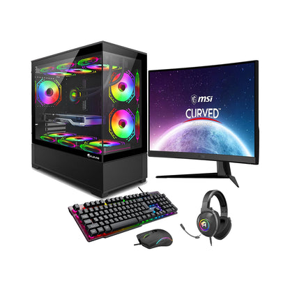 HAJAAN Superx Liquid Cooled Gaming PC Tower Desktop - MSI 27-Inch Curved Gaming Monitor Combo - 32GB DDR4 RAM - 1TB Nvme SSD - Wifi 6 - Bluetooth - Windows 11 Pro