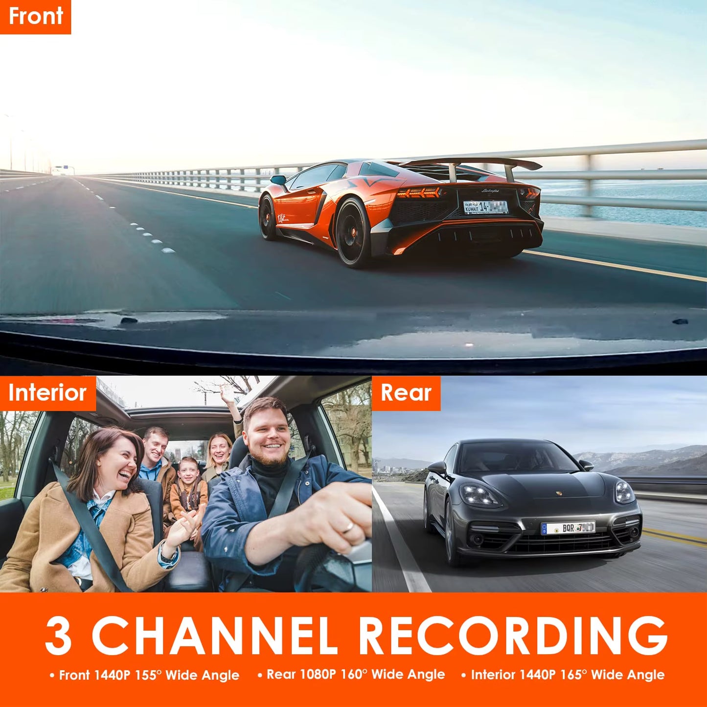 N4 3 Channel 4K Dashcam 4K+1080P Front and Rear Dash Camera IR Night Vision 24 Hours Parking Mode Support 256GB Max