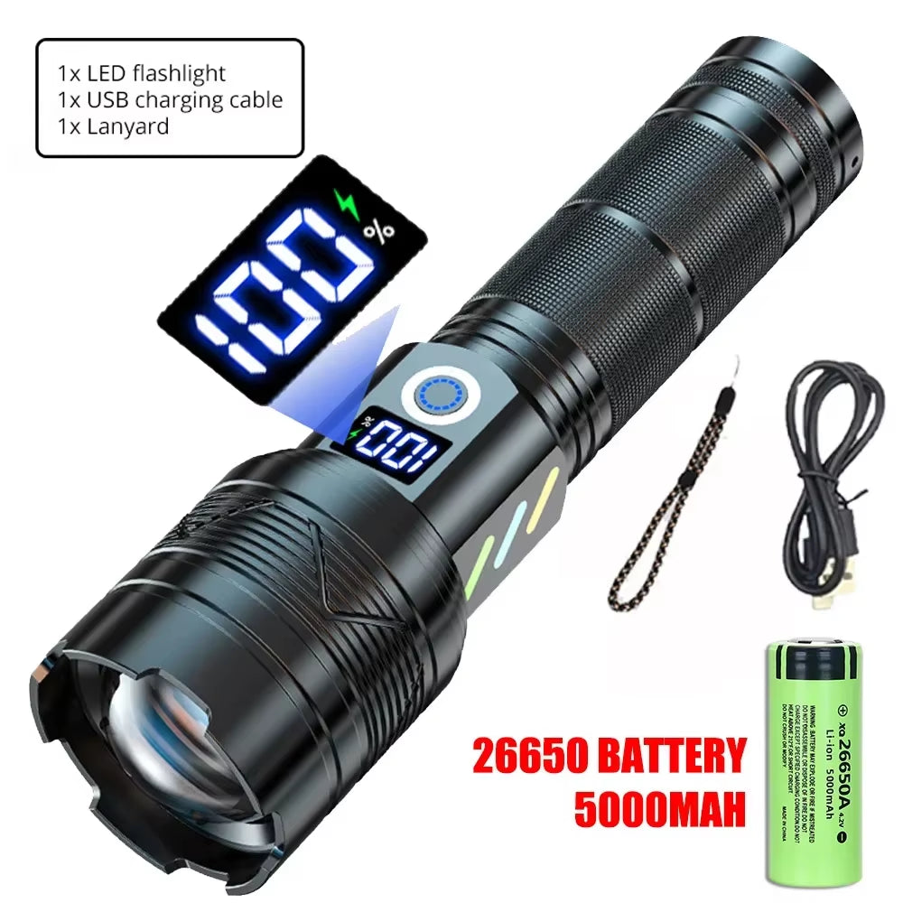 High Power LED Flashlight Type-C Rechargeable Tactical Zoom Torch Use 26650 Battery Camping Fishing Lantern with Power Display
