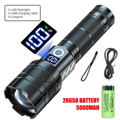 High Power LED Flashlight Type-C Rechargeable Tactical Zoom Torch Use 26650 Battery Camping Fishing Lantern with Power Display
