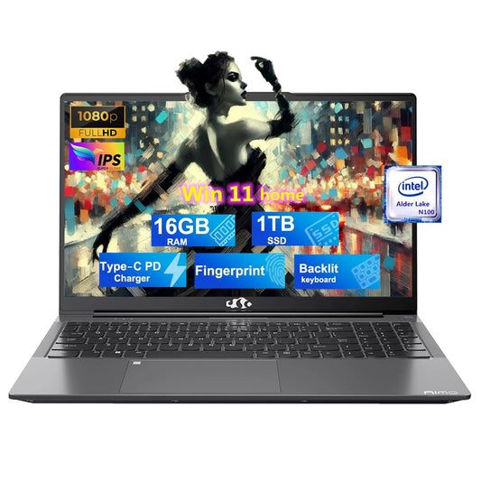 15.6'' FHD Laptop Computer, 16GB RAM 1TB SSD, Type-C 65W PD Fast Charger, Windows 11, 12Th Gen Intel N100 Processor, Fingerprint, Backlit Keyboard, Wifi 6 (Gray)
