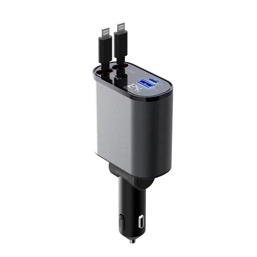 Retractable Car Charger with Voltage Display – Fast Multi-Device Charging
