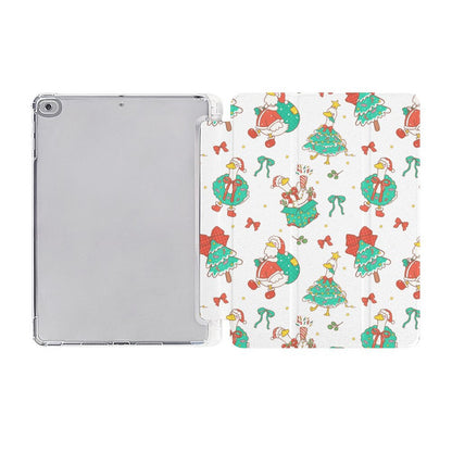 A white folio-style tablet case shown open, with a white interior printed with a Christmas-themed pattern featuring Santa Claus, green trees, red bows, and small holiday accents.