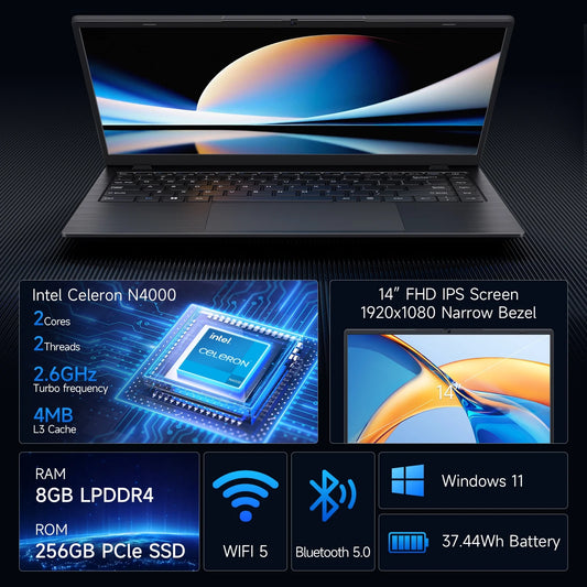 14 Inch Windows 11 Laptops New Intel Celeron N4020 up to 2.6Ghz 8GB RAM 256GB ROM Netbook Laptop Computer for Beginner, Student, Business