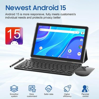 10.1 Inch Android 15 Tablet PC, 2025 Newest Tablet with Keyboard, 8GB+64GB Storage 1TB Expandable, Quad-Core Processor, 8MP Dual Camera, 6000Mah, Wifi, GPS, Bluetooth, 1280X800 IPS Full HD Display