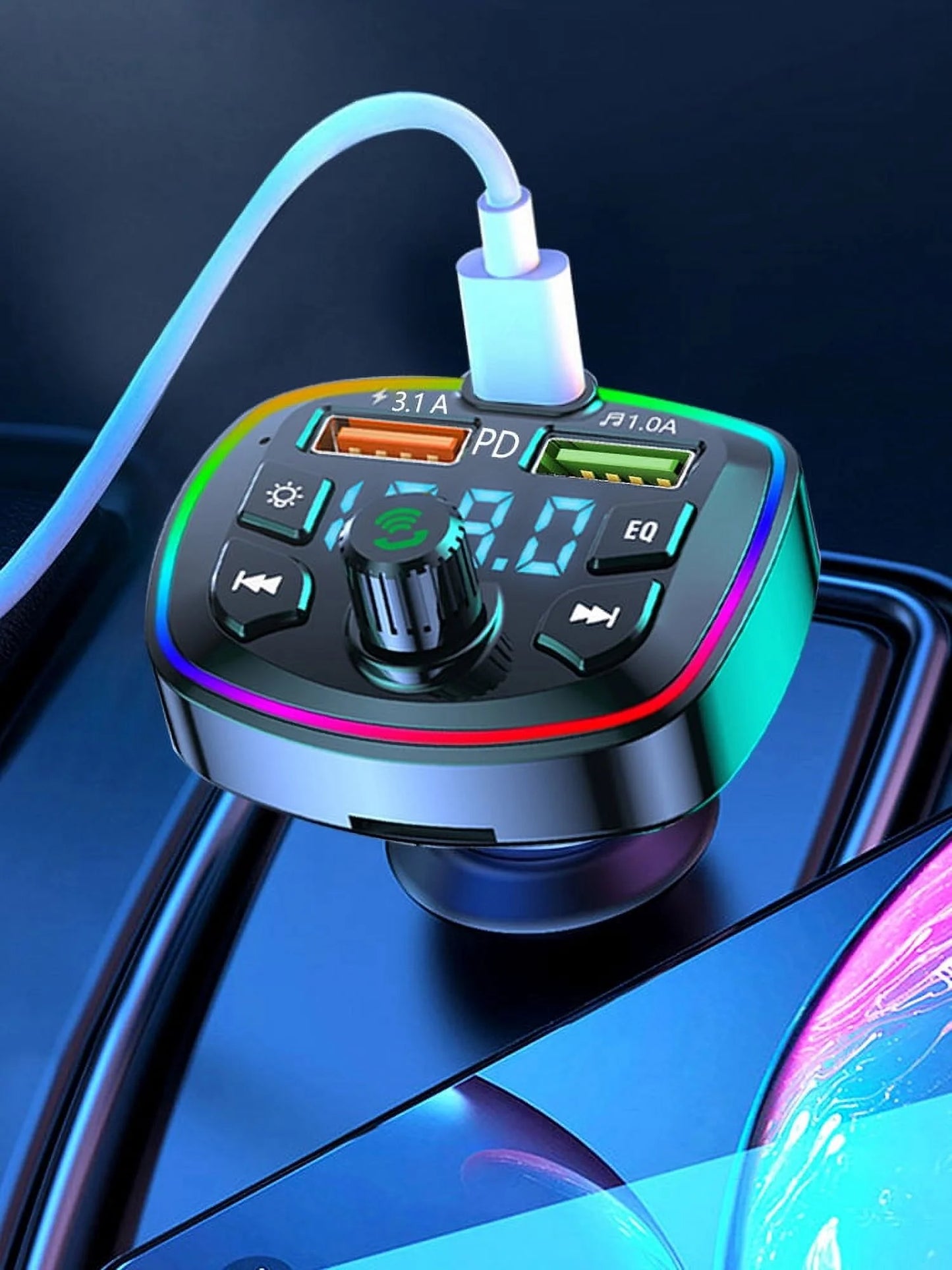 Car MP3 Player Bluetooth 5.0 FM Transmitter W/2 USB Charger and PD QC Interface Wireless FM Modulator W/ Built-In Mic and CVC Technology Car Radio Adapter W/ 7-Colors Backlight for Cars
