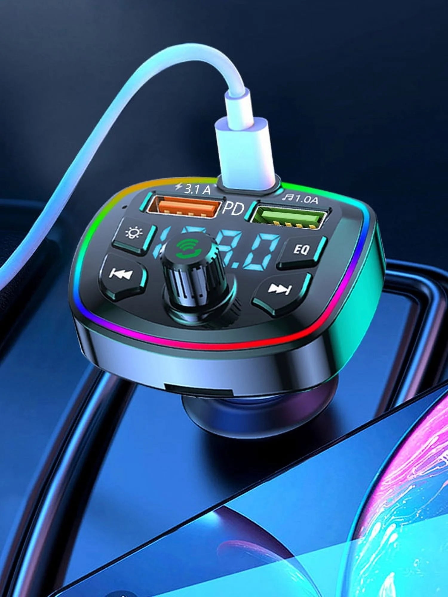 Car MP3 Player Bluetooth 5.0 FM Transmitter W/2 USB Charger and PD QC Interface Wireless FM Modulator W/ Built-In Mic and CVC Technology Car Radio Adapter W/ 7-Colors Backlight for Cars