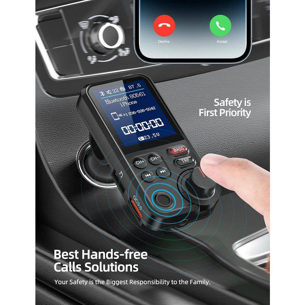 Bluetooth FM Transmitter Car Adapter with Microphone and 1.8 Screen for QC3. 0 Charging, Treble Bass Music Player