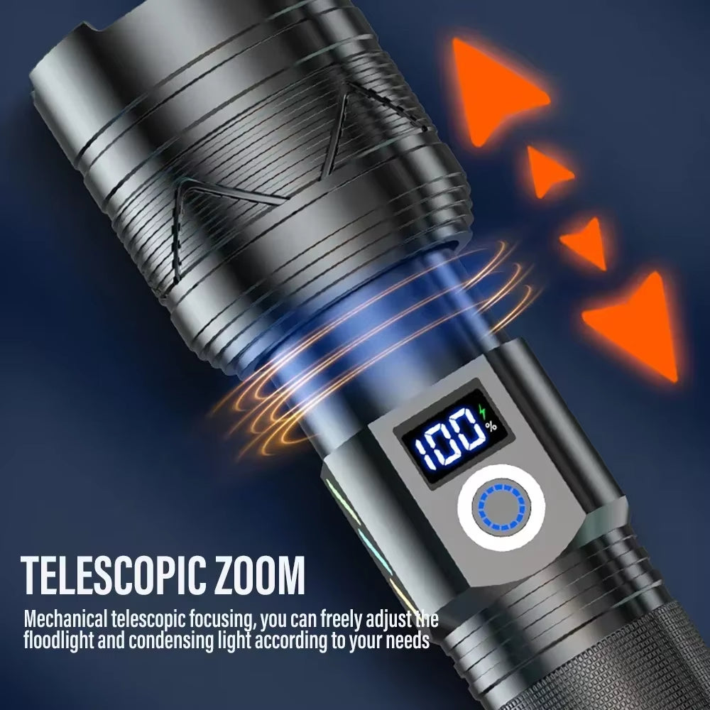 High Power LED Flashlight Type-C Rechargeable Tactical Zoom Torch Use 26650 Battery Camping Fishing Lantern with Power Display