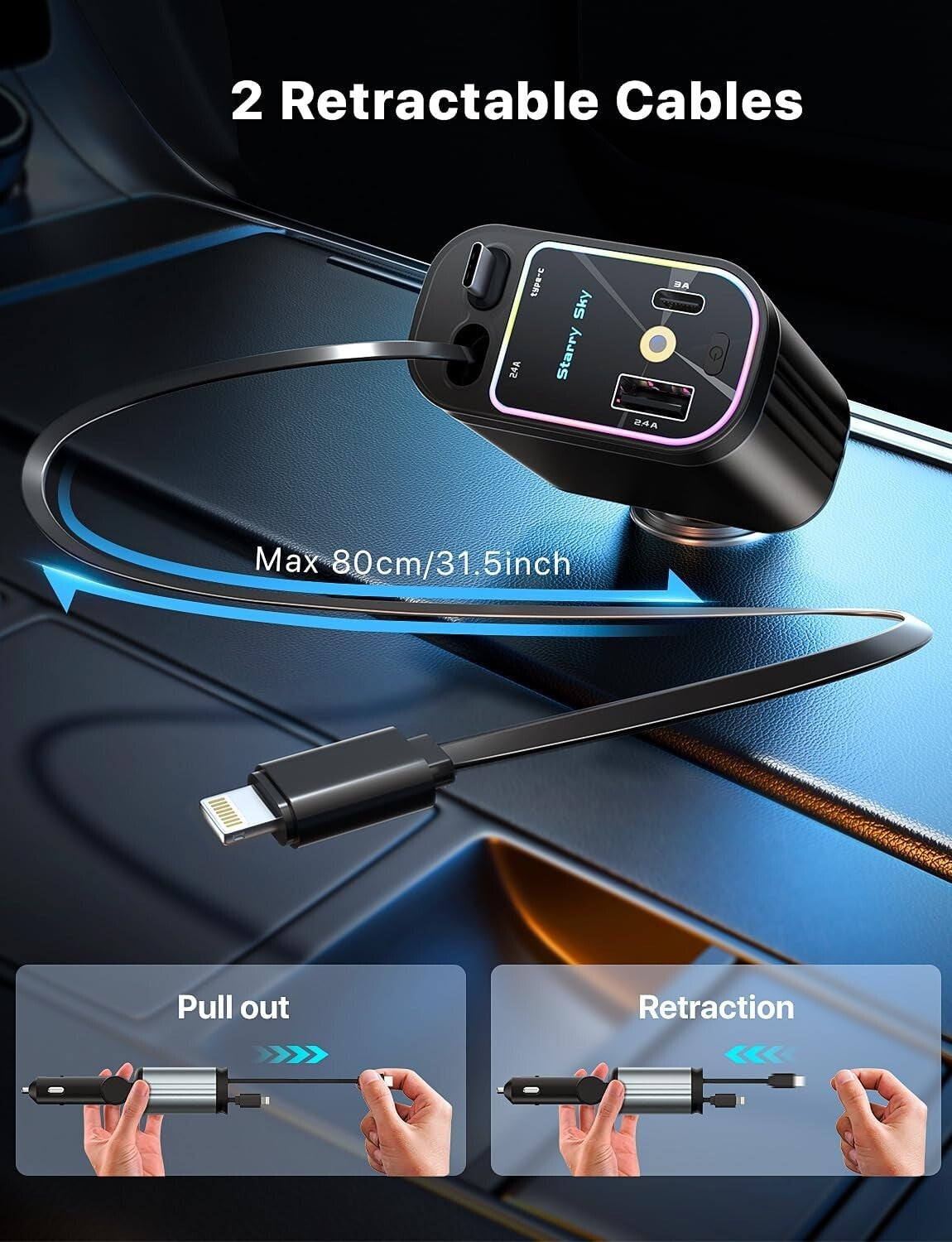 Star Lights Retractable Car Charger with Retractable Cables, Deep Black