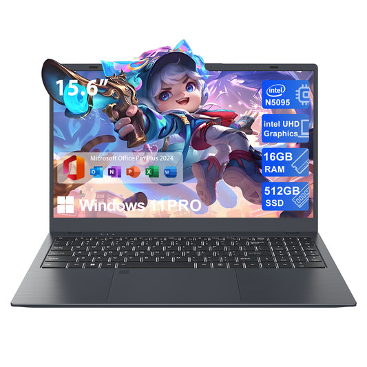 15.6" Windows 11 Pro Laptop, Intel Celeron N5095 up to 2.9Ghz 16GB RAM 512GB SSD, with Office 2024 Fingerprint Backlit Keyboard 1920*1080 IPS FHD Display for Student, Home Office, Business