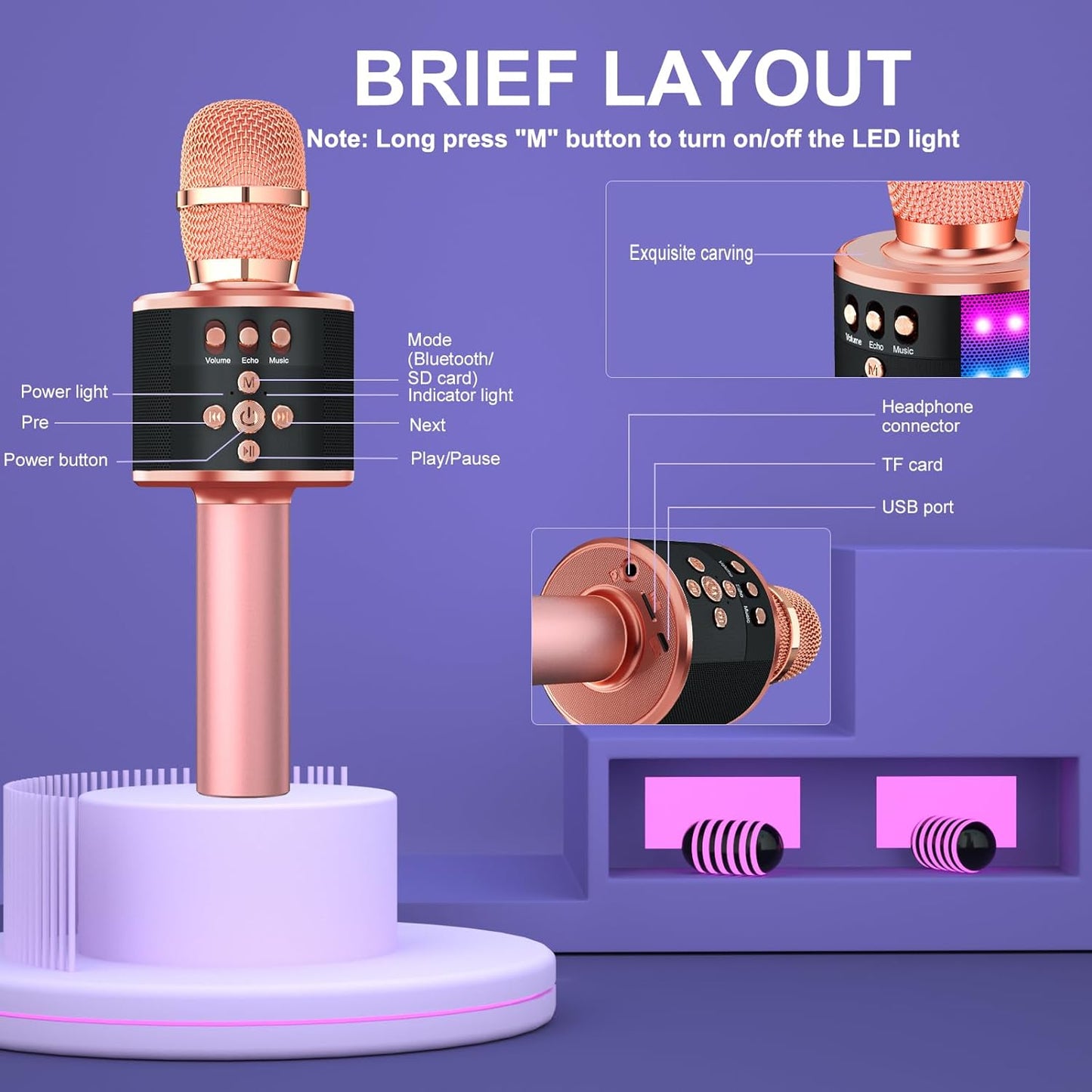Karaoke Microphone for Kids & Adults - Bluetooth Microphones Singing Mic with Disco Lights, Echo Effect, Built-In Speaker Portable Karaoke Player for Party Travel Gifts Q78(Rose Gold)