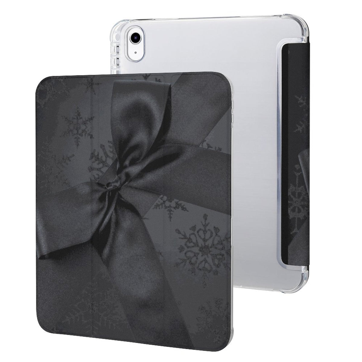 A clear protective iPad compatible case with a black gift box and ribbon print featuring subtle snowflake patterns, shown from both front and back angles on a white background.