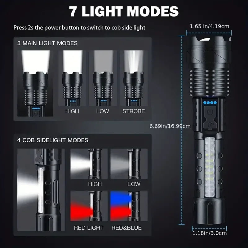 White Laser LED Flashlight: USB Rechargeable, High Power Tactical Torch