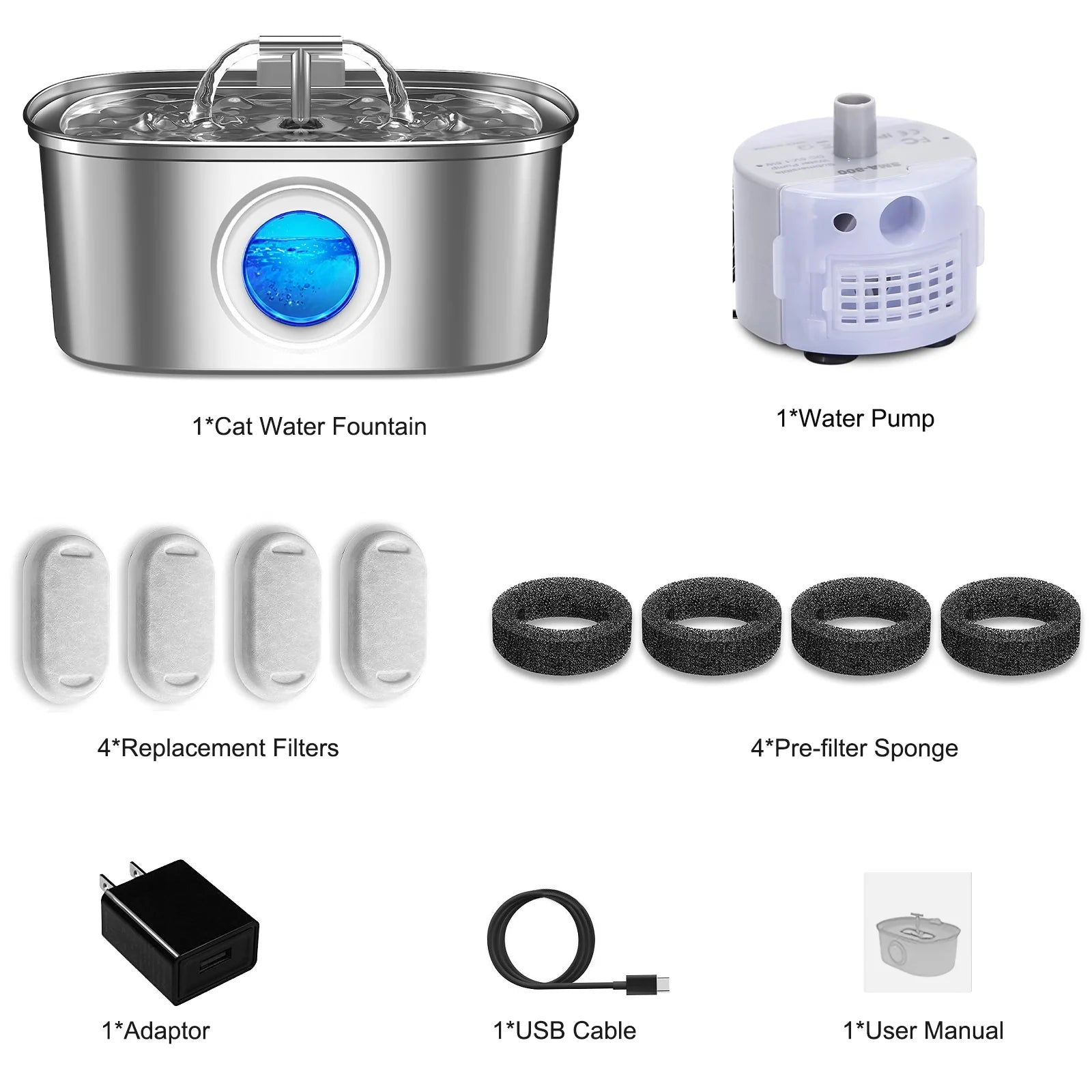 Cat Water Fountain Stainless Steel,  108Oz/3.2L Pet Fountain with Water Level Window,Automatic Water Dispenser for Cats and Dogs, Electric Drinking Bowl Suitable for Multiple Pets, Silver