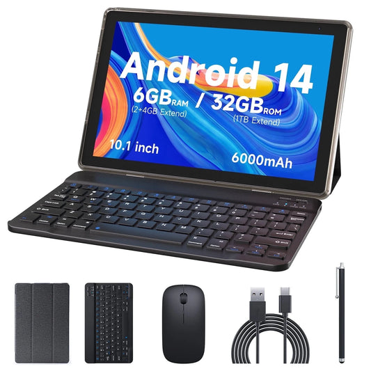 Tablet 10 Inch Android 12 Tableta, 2 in 1 Tablets with Keyboard, Mouse, Case, Stylus, 32GB ROM+2GB RAM/512GB Expendable, 8MP Dual Camera, Quad Core Processor, 6000Mah Battery, 1280*800 FHD 10'' Tab PC