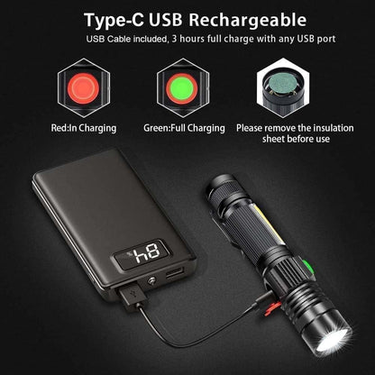 Flashlight USB Rechargeable, Magnetic LED Flashlight, Super Bright LED Tactical Flashlight with Cob Sidelight, Waterproof, Zoomable Best Small LED Flashlight for Camping, Emergency Flashlights