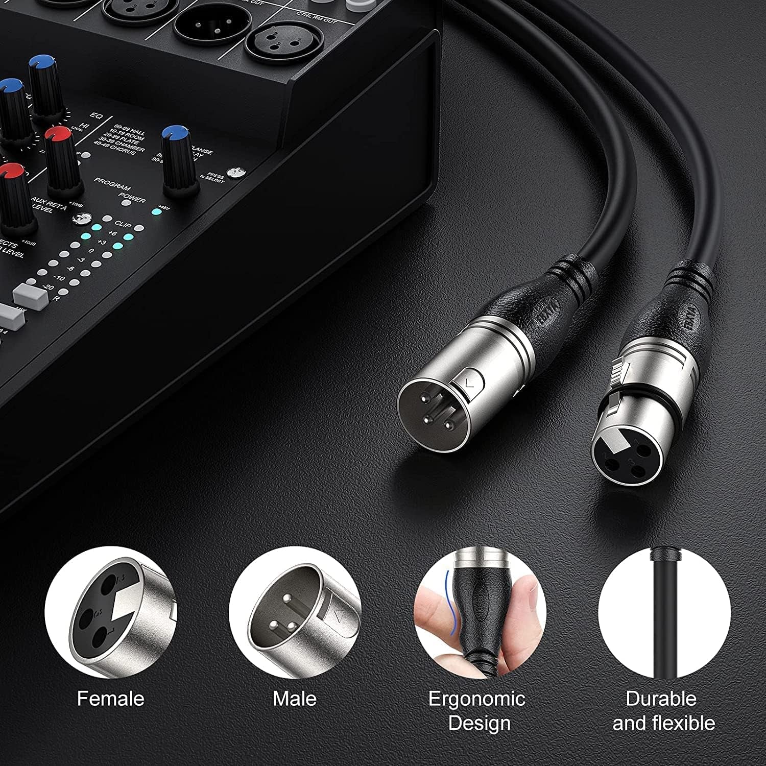 XLR Cable 50Ft 2 Packs - Premium Balanced Microphone Cable with 3-Pin XLR Male to Female Mic Speaker Cable, Black