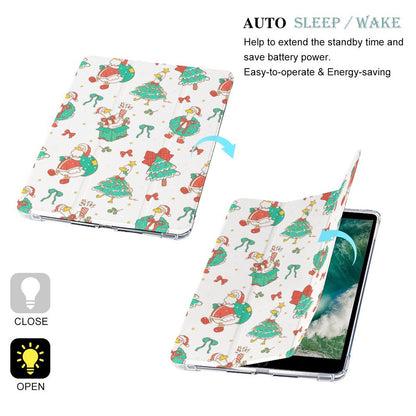 A tablet folio case with a Christmas-themed print featuring Santa Claus, trees, and ornaments on a white background. The image shows multiple views of the case, including one closed and two open positions displaying a tablet inside, with text explaining sleep/wake functionality and icons for close/open positions.